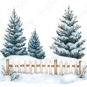 Puede incluir: Ilustración en acuarela de una escena invernal con árboles de hoja perenne cubiertos de nieve y una valla de madera. Los árboles son de color azul verdoso y la nieve es blanca. La valla es de color marrón claro.