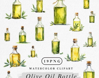 Olive Oil Bottle Clipart: Watercolor Kitchen PNG Bundle, Cooking Ingredient Digital Download, Food Illustration Clip Art, Commercial Use