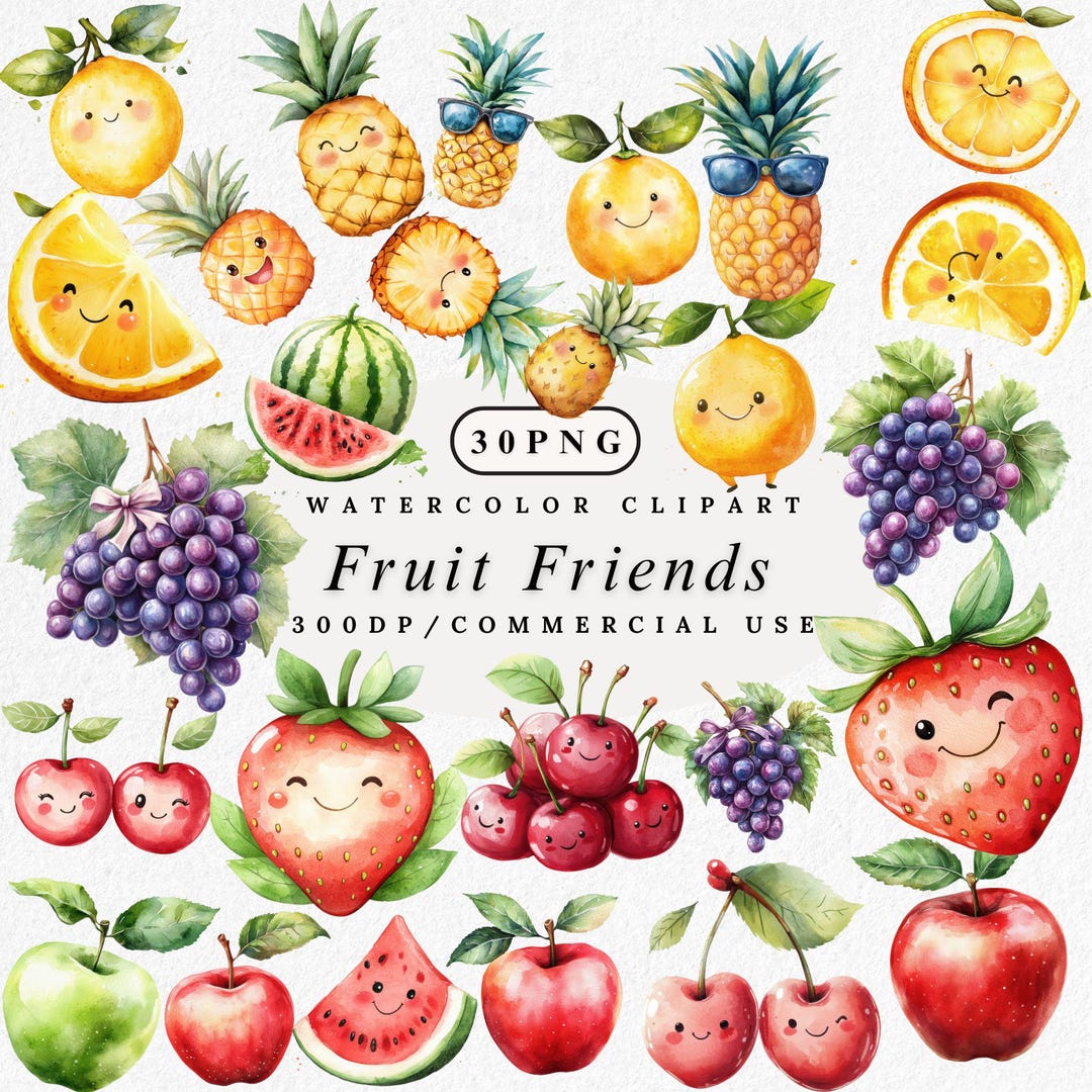 Fruit Friends Clipart: Watercolor Cute Food PNG Bundle, Smiling Fruit ...