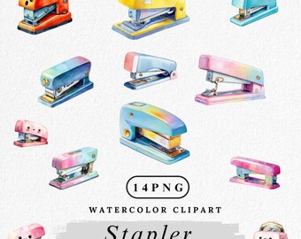 May include: Watercolor clipart of various staplers in a variety of colors, including yellow, blue, pink, and orange. The image includes the text "Stapler" and "300DP/COMMERCIAL USE". The staplers are arranged on a white background.