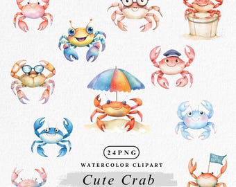 Crab Clipart PNG, Cute Crab Character Illustration, Watercolor Sea Animal Clipart, Crab Clip Art Bundle, Ocean Clip Art, Nursery Decor