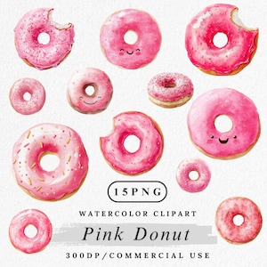 Pink Donut Clipart Bundle: Watercolor Kawaii Dessert Graphics (Digital Download, Commercial Use PNGs)