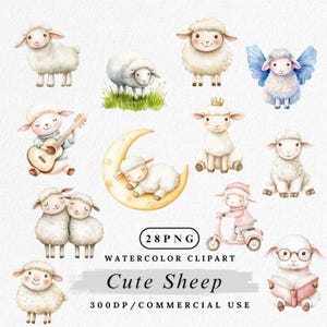 羊のクリップアート、かわいい羊のキャラクターPNG、農場の動物のクリップアート、水彩画の羊のイラスト、赤ちゃん羊のアート、漫画の羊の束、ダウンロード