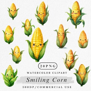 Smiling Corn Clipart, Cute Vegetable PNG, Kawaii Corn Illustration, Funny Watercolor Corn Clipart, Cartoon Corn PNG Bundle, Digital Download