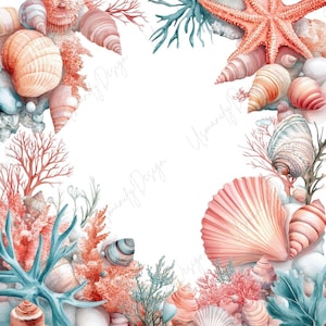 May include: Watercolor illustration featuring a variety of seashells, coral, and a starfish. The design incorporates shades of peach, coral, and teal, creating a coastal theme. The arrangement is set against a white background.