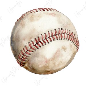 May include: Watercolor illustration of a baseball. The ball is off-white with red stitching and subtle brown and gray shading, giving it a vintage look. The design is perfect for sports-themed decor or crafts.