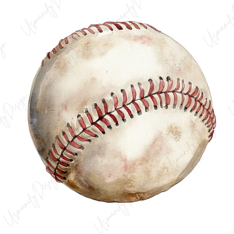 May include: Watercolor illustration of a baseball. The ball is off-white with red stitching and subtle brown and gray shading, giving it a vintage look. The design is perfect for sports-themed decor or crafts.