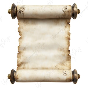 May include: An antique parchment scroll with ornate bronze and gold end pieces. The aged paper has a weathered appearance with torn edges, suggesting historical significance. The scroll is unrolled, ready for text.