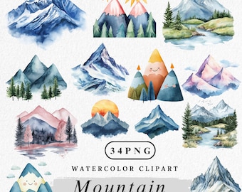 Clipart aquarel berg: natuurlandschap, png (digitale download, 34 bestanden)