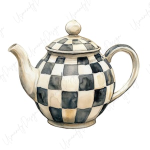 Puede incluir: Ilustración en acuarela de una tetera con un patrón de cuadros blancos y negros. La tetera tiene un pico curvo, un asa redondeada y una tapa con un pequeño pomo. Los colores son neutros con un toque de beige.