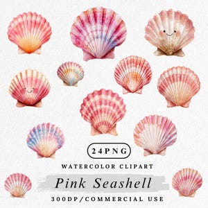 May include: Watercolor clipart of pink seashells in various sizes and designs. The shells feature shades of pink, orange, and blue. Text on the image reads "Pink Seashell" and "300DP/COMMERCIAL USE".