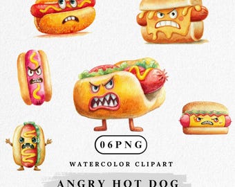 Funny Angry Hot Dog Clipart: Cartoon Food PNG Bundle (Digital Download