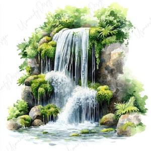 May include: Watercolor painting of a cascading waterfall. The water flows over moss-covered rocks and lush green foliage. The artwork features a serene and natural landscape with a soft, artistic style.
