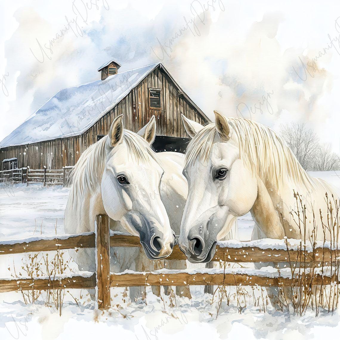 9 Winter Horse Farm Clipart, Rustic Red Barn Watercolor Scene, Snow ...