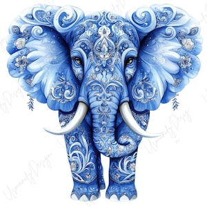 May include: A detailed illustration of a blue elephant with intricate patterns. The elephant's body is adorned with floral and ornamental designs in shades of blue and white. The tusks are white, and the ears are large and detailed.