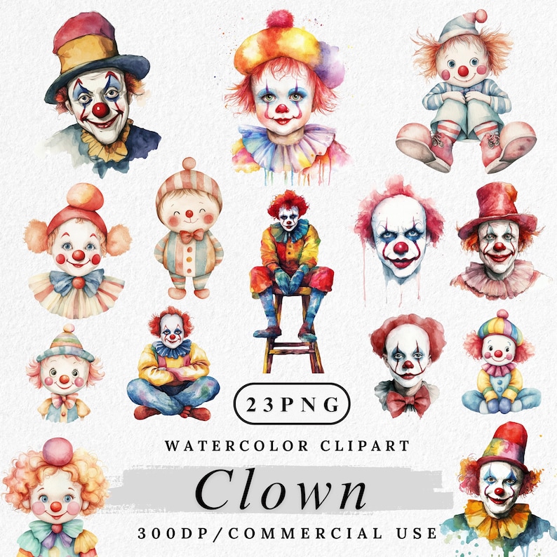 Watercolor Clown Clipart: Circus Carnival PNG Graphics (digital ...
