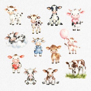 May include: Watercolor illustrations of 12 cute cows in various poses. Some cows are holding hearts, balloons, and ice cream cones. The cows are all different colors and have different spots.