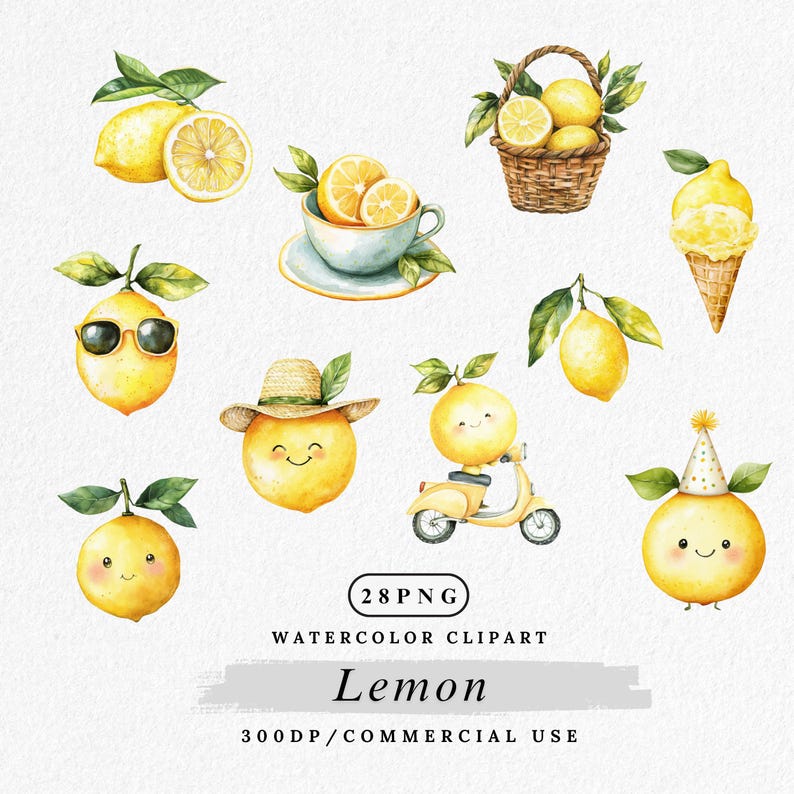 Peut inclure: Un ensemble de 28 images clipart aquarelle repr&eacute;sentant des citrons dans diff&eacute;rentes poses et situations. Les citrons sont repr&eacute;sent&eacute;s comme de mignons personnages de dessins anim&eacute;s avec des visages souriants, portant des chapeaux, conduisant des scooters et tenant des lunettes. L'ensemble comprend &eacute;galement des citrons dans un panier, une tasse de tranches de citron et un cornet de glace au citron.