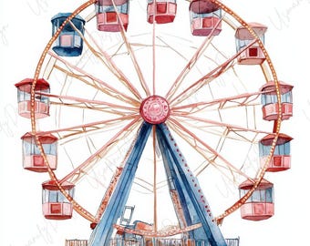 10 Ferris Wheel Clipart, Watercolor Carnival Ride Art, Amusement Park, Nursery Wall Decor, Junk Journal, High-Quality JPGs for Crafts