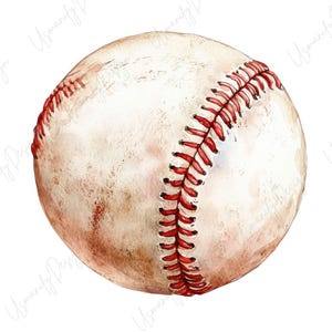 May include: Watercolor illustration of a baseball. The ball is off-white with red stitching and subtle brown shading, giving it a vintage or worn appearance. The design is detailed and artistic, suitable for sports-themed decor.