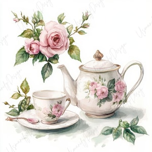 以下が含まれることがあります： ピンクのバラが描かれたティーセットの水彩イラスト。ティーポット、ティーカップ、ソーサー、スプーンが含まれており、すべて花柄で装飾されています。ピンクのバラと緑の葉のブーケも描かれており、ヴィンテージ感を演出しています。