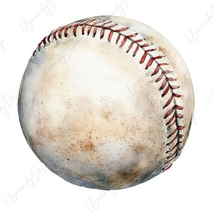May include: Watercolor illustration of a baseball. The ball is off-white with brown and blue shading, and red stitching. The baseball has a vintage, worn appearance.