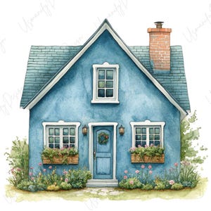 May include: Watercolor illustration of a blue cottage with a slate roof and brick chimney. The cottage has white-framed windows, a blue door with a wreath, and window boxes filled with flowers. Green foliage and pink flowers surround the house.