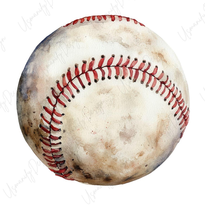 May include: Watercolor illustration of a baseball. The ball is off-white with red stitching. The image has a vintage, aged look with brown and tan shading, suggesting a well-used ball. The design is perfect for sports-themed decor.