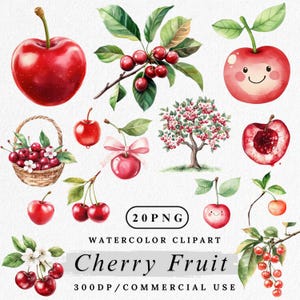 Clipart wiśni, Clipart czerwonych owoców, Akwarela wiśni, Plasterek wiśni PNG, Clipart owoców lata, Obrazy do scrapbookingu, Tworzenie kartek, Rękodzieło papierowe