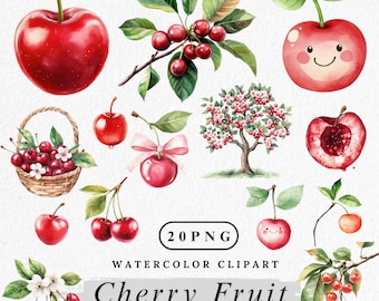 Watercolor Cherry Clipart: Summer Fruit PNG Images (Digital Download, 26 Files