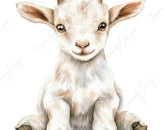 May include: Watercolor illustration of a baby goat with white fur, brown eyes, and small horns. The goat is sitting with its legs tucked beneath it, and its ears are perked up. The artwork has a soft, gentle feel.