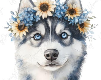 14 Watercolor Husky Clipart PNG, Floral Crown Dog, Husky Portrait Bundle, Boho Botanical Puppy PNG Set, Paper Craft, High Resolution PNG