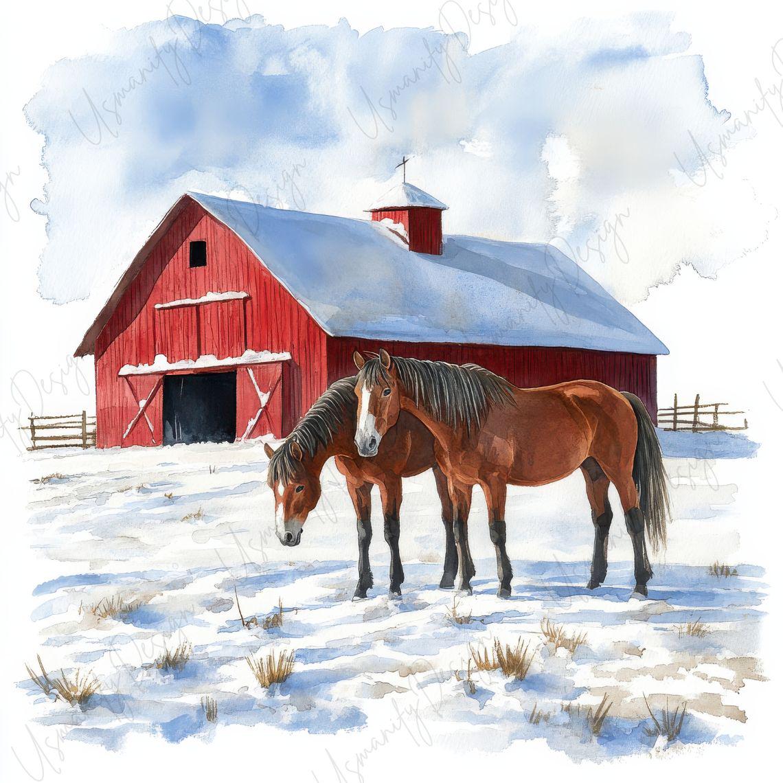 9 Winter Horse Farm Clipart, Rustic Red Barn Watercolor Scene, Snow ...