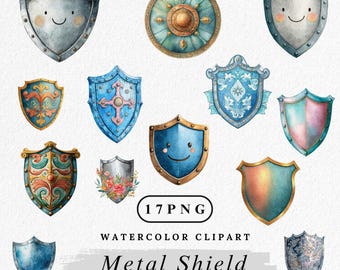 Mittelalterliche Schild-Cliparts in Aquarell: Ritterrüstung-PNG-Bundle (Digitaler Download)