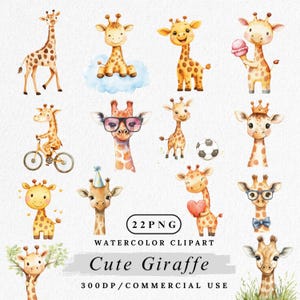 キリンのクリップアートバンドル、かわいいキリンキャラクターPNG、サファリ動物のクリップアート、水彩ジャングル動物、漫画キリンのイラスト