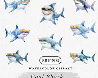 Cool Shark Clipart, Shark with Sunglasses PNG, Cute Summer Ocean, Cartoon Sea Animal Clip Art, Beach Party Graphics, Watercolor Shark PNG