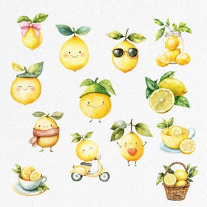 Peut inclure: Illustrations &agrave; l'aquarelle de citrons avec diff&eacute;rentes expressions et accessoires. Certains citrons portent des chapeaux, des lunettes de soleil et des &eacute;charpes. D'autres font du scooter ou tiennent des c&oelig;urs. Il y a aussi des citrons dans un panier et une tasse de th&eacute; avec des tranches de citron.