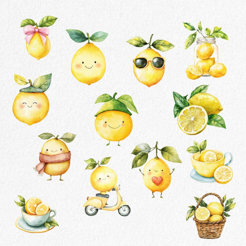 Peut inclure: Illustrations &agrave; l'aquarelle de citrons avec diff&eacute;rentes expressions et accessoires. Certains citrons portent des chapeaux, des lunettes de soleil et des &eacute;charpes. D'autres font du scooter ou tiennent des c&oelig;urs. Il y a aussi des citrons dans un panier et une tasse de th&eacute; avec des tranches de citron.