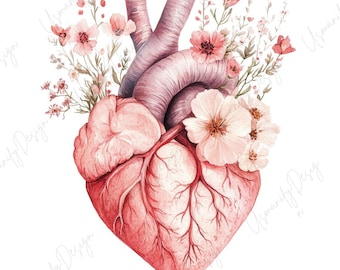 20 Watercolor Floral Heart Clipart, Anatomical Heart PNG, Botanical Heart, Junk Journal, Paper Craft, Mental Health Art, High Quality PNGs