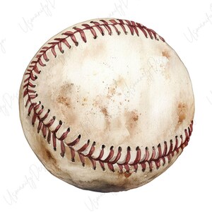 May include: Watercolor illustration of a baseball. The ball is off-white with brown spots and red stitching. The design has a vintage, worn look, perfect for sports-themed decor or gifts.