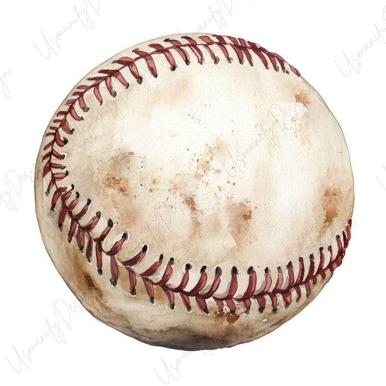 May include: Watercolor illustration of a baseball. The ball is off-white with brown spots and red stitching. The design has a vintage, worn look, perfect for sports-themed decor or gifts.