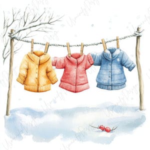 21 Baby Winter Clothes Hanging Clipart, Watercolor Baby Outfit, Cozy Winter Clothing Art, Junk Journal, Digital Download, High-Quality JPGs