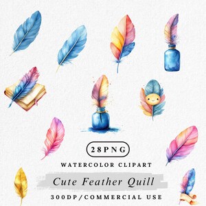 May include: Watercolor clipart featuring colorful feather quills in various shades of blue, pink, yellow, and orange. Some feathers are paired with inkwells and a book. The image includes the text "Cute Feather Quill" and "300DP/COMMERCIAL USE".