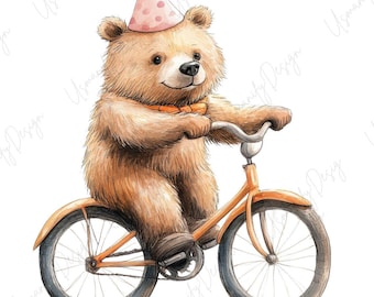 9 Teddy Bear Bicycle Clipart, Cute Bear Riding Bike PNG Set, Watercolor Animal Clipart, Kids Nursery Art, Baby Shower, High-Quality PNG