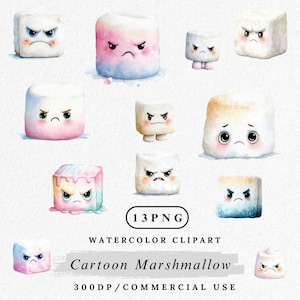 Cartoon Marshmallow Clipart, süße Marshmallow PNG-Bundle, Kawaii Essen Illustration, lustige Marshmallow Clip Art, digitaler Download, kommerziell