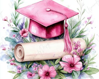 12 Graduation Watercolor Clipart, Floral Cap and Diploma Art, Elegant Graduation Decor, Junk Journal, Scrapbook, Printable Graduation JPGs