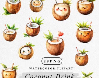 Coconut Drink Watercolor Clipart Bundle: Tropical Summer PNG (Digital Download)