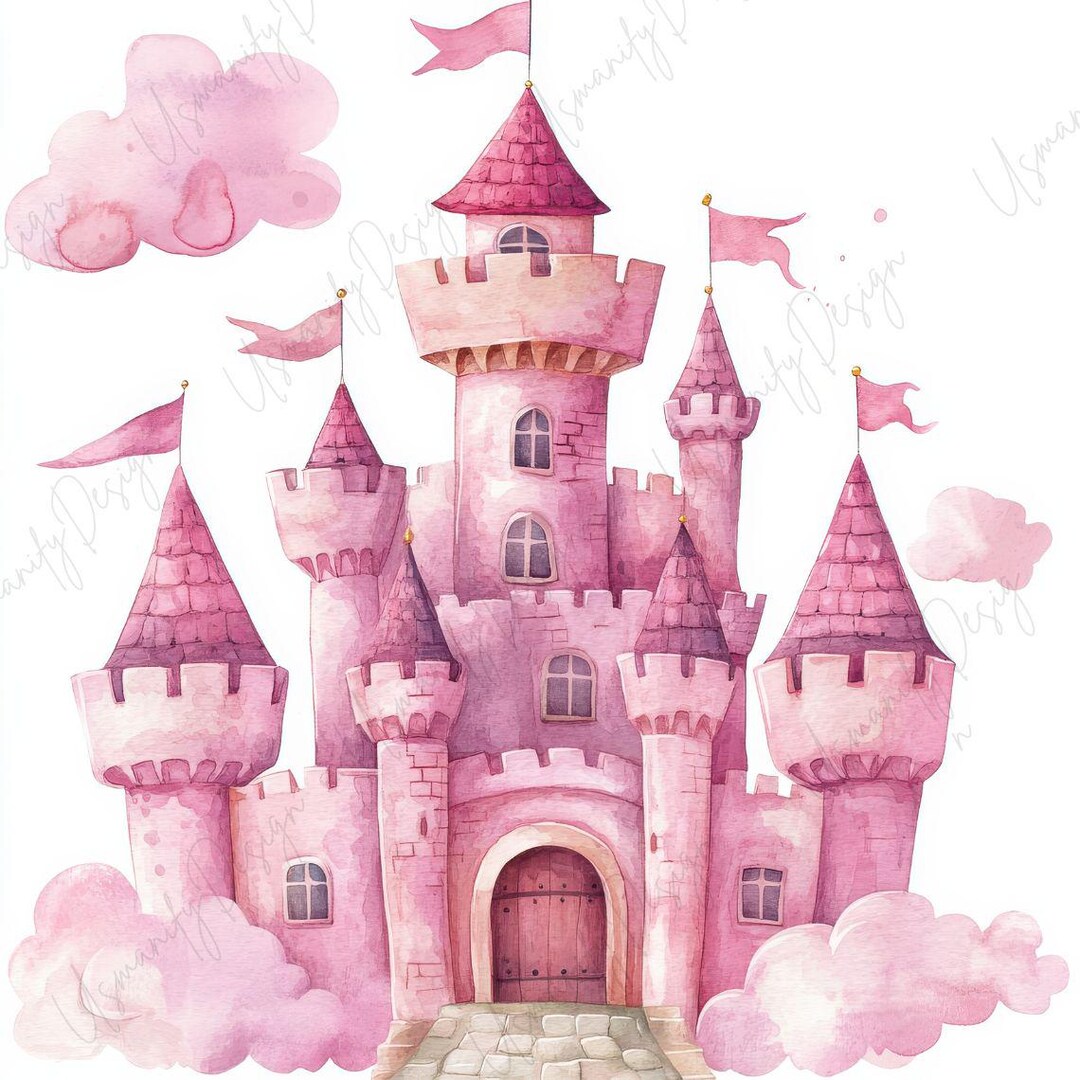 19 Watercolor Pink Castle Clipart JPG, Fairytale Princess Castle ...