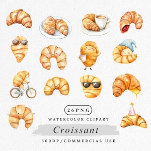Bundle de cliparts croissant, personnage de croissant, dessin animé des cliparts pâtisserie, art croissant kawaii, croissant aquarelle PNG, clipart amusant petit déjeuner