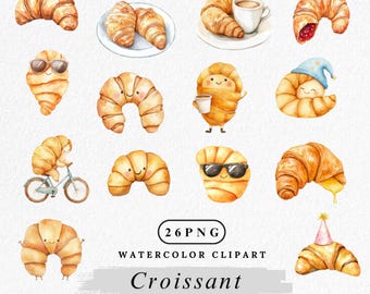 Puede incluir: Un conjunto de 26 ilustraciones de acuarela de croissants en varias poses, incluyendo algunas con caras y accesorios. Las ilustraciones son de estilo de dibujos animados y son perfectas para usar en proyectos digitales o impresos.